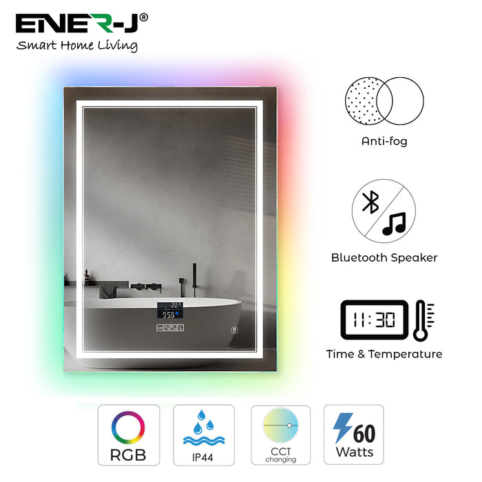 Ener-J LED Bathroom Mirror with CCT & RGB Border – Bluetooth Speaker, Anti-Fog, IP44, 50 × 70cm Rectangular