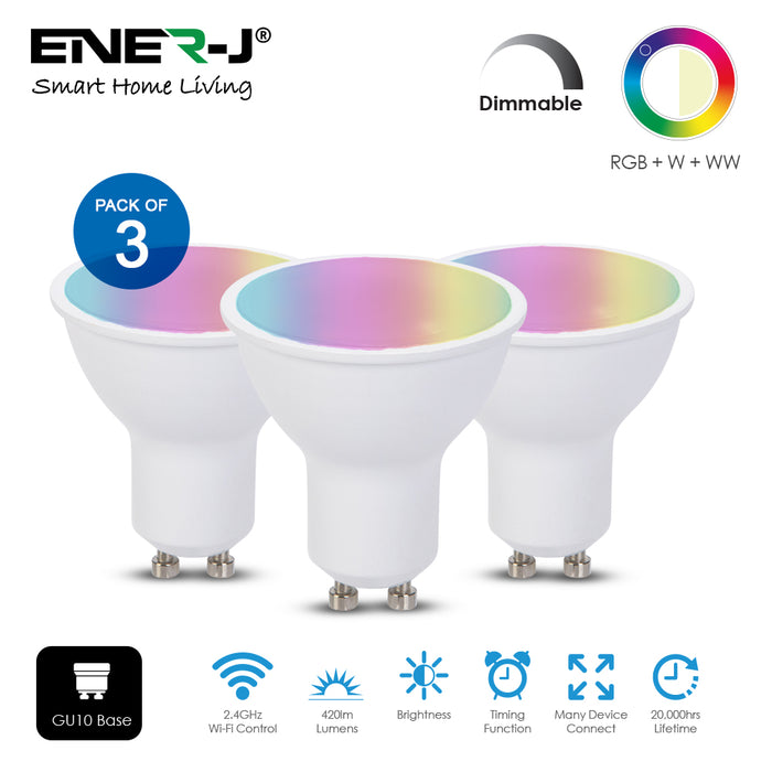 Smart WiFi 5W GU10 LED Lamp – RGB + CCT 2700K–6500K, Dimmable Colour-Changing, App & Voice Control Pack of 3