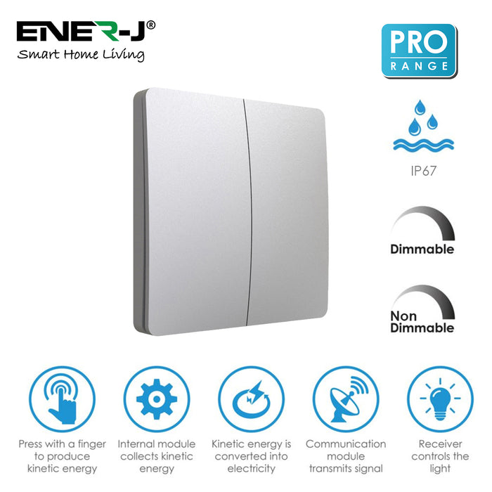 Ener-J 2 Gang Wireless Kinetic Switch Battery Free No Wiring Silver Body Dimmable and Non Dimmable