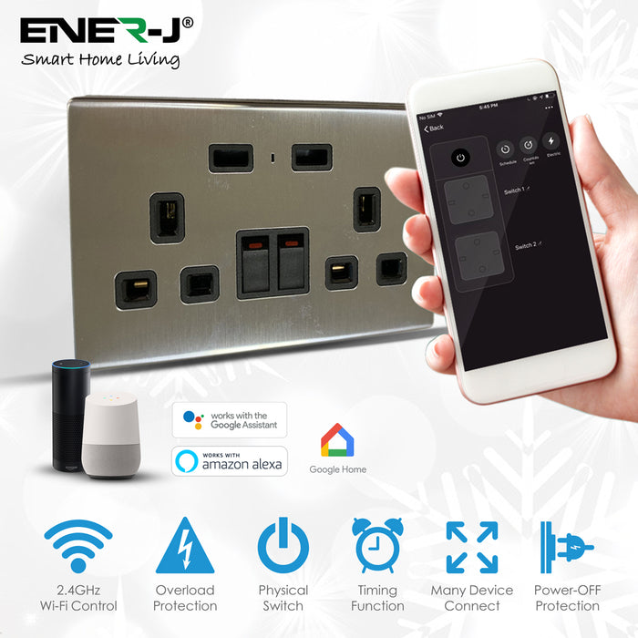 Ener-J Smart Wi-Fi 13A Twin Wall Socket with USB-C – Silver Brushed Finish, App & Voice Control