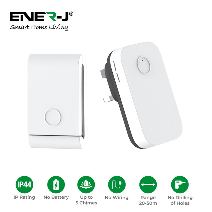 Ener-J Wireless Kinetic Doorbell and Plug In Chime White 240V