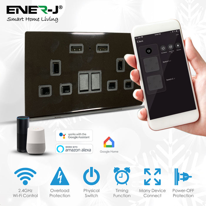 Smart Wi-Fi 13A Twin Wall Socket with USB Port – Black Brushed Finish, App & Voice Control