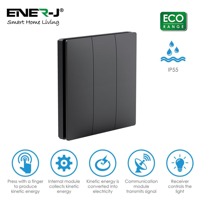 Ener-J Wireless Kinetic 3 Gang Light Switch Black