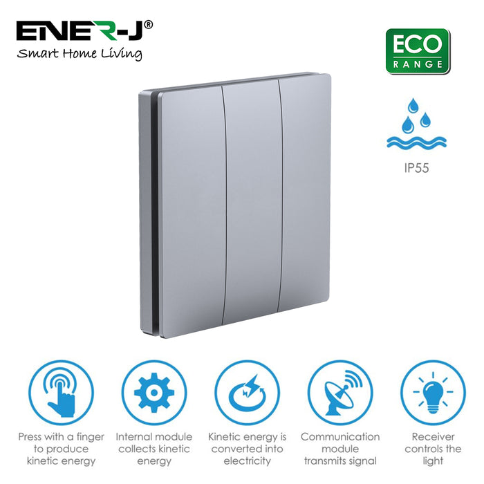 Ener-J Wireless Kinetic 3 Gang Switch Silver IP56 Waterproof Battery Free Wall Switch