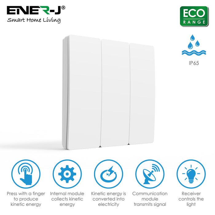 Ener-J Wireless Kinetic Light Switch 3 Gang IP65 Rated White No Battery Required 433MHz
