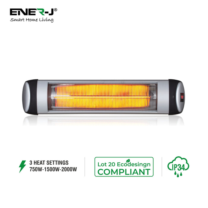 ENER-J 2000W Infrared Patio Heater – Wall Mounted Outdoor Electric Heater with Quartz Tube, 3 Heat Settings (750W/1500W/2000W), Remote Control, LED Display, IP34 Rated – Ideal for Garden, Terrace & Balcony