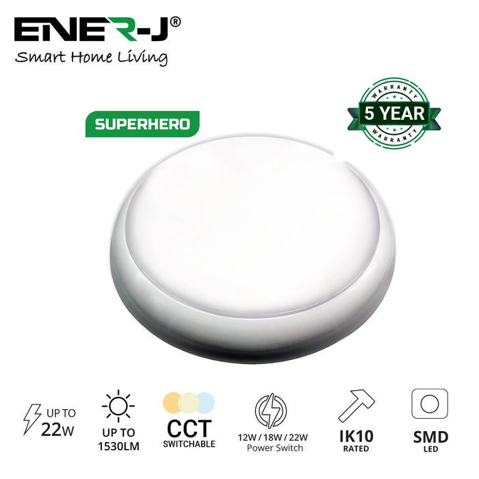 ENER?J SUPERHERO 9?in?1 CCT & Wattage Switchable LED Bulkhead – 12?W / 15?W / 18?W + 3000?K / 4000?K / 6000?K – IP65, IK10, 315?mm