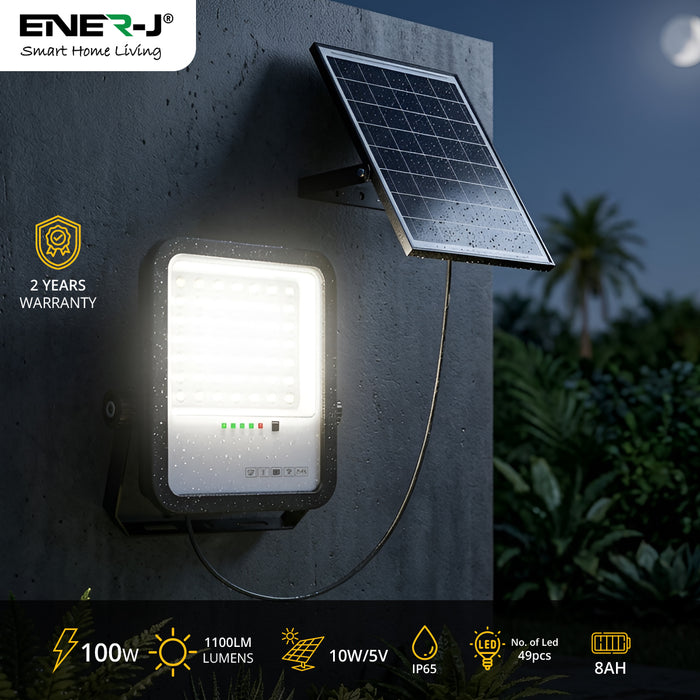 ENER-J 100W Solar LED Floodlight with Panel, Remote Control, IP65 Waterproof Outdoor Security Light