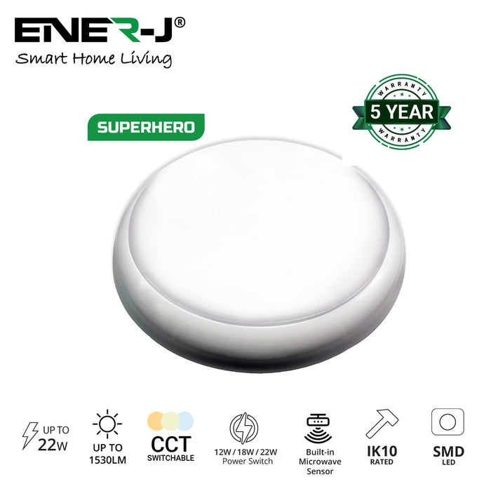 Ener-J LED Bulkhead 9 in 1 Power and CCT Switchable with Microwave Sensor White 320mm 22W IP65 IK10