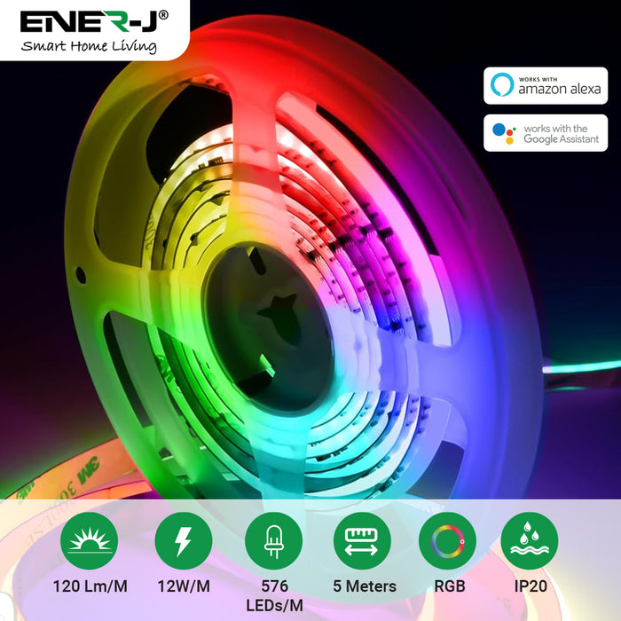 Smart Plug & Play Digital RGB COB LED Strip Light Kit | 5 Metres | 576 LEDs/M | Tuya WiFi & Remote Control | Works with Alexa & Google Assistant