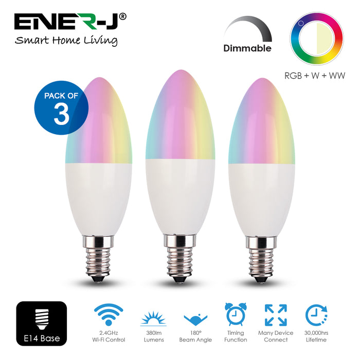 Smart WiFi 4.5W LED Candle Bulb E14 Base, 2700K-6500K RGB Dimmable Colour Changing, Pack of 3