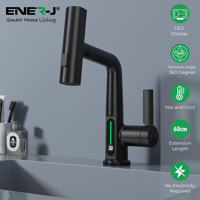 Ener-J Modern Single Hole Basin Faucet with Waterfall & Pull-Out Sprayer – LED Temperature Display, Black