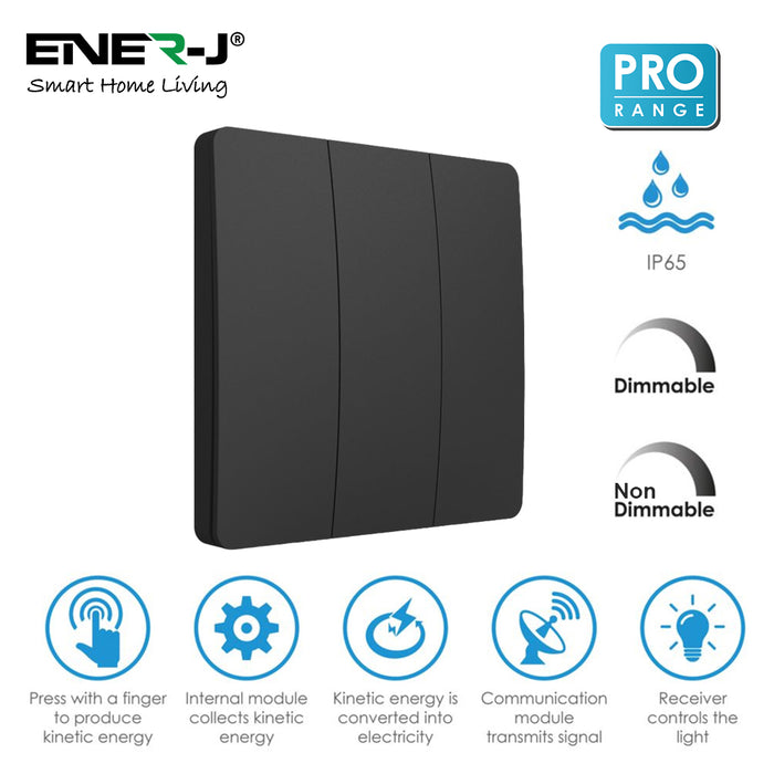 Ener-J 3 Gang Wireless Kinetic Switch Dimmable/Non Dimmable Black
