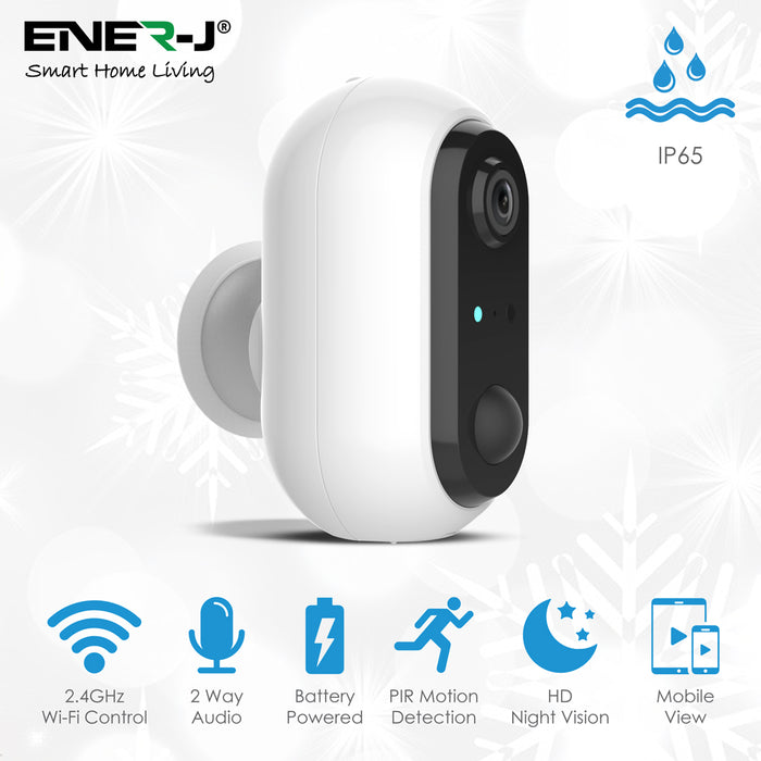ENER-J Smart Battery-Powered Outdoor Wi-Fi Security Camera, 1080P Full HD, IP65, Motion Alerts & Two-Way Audio