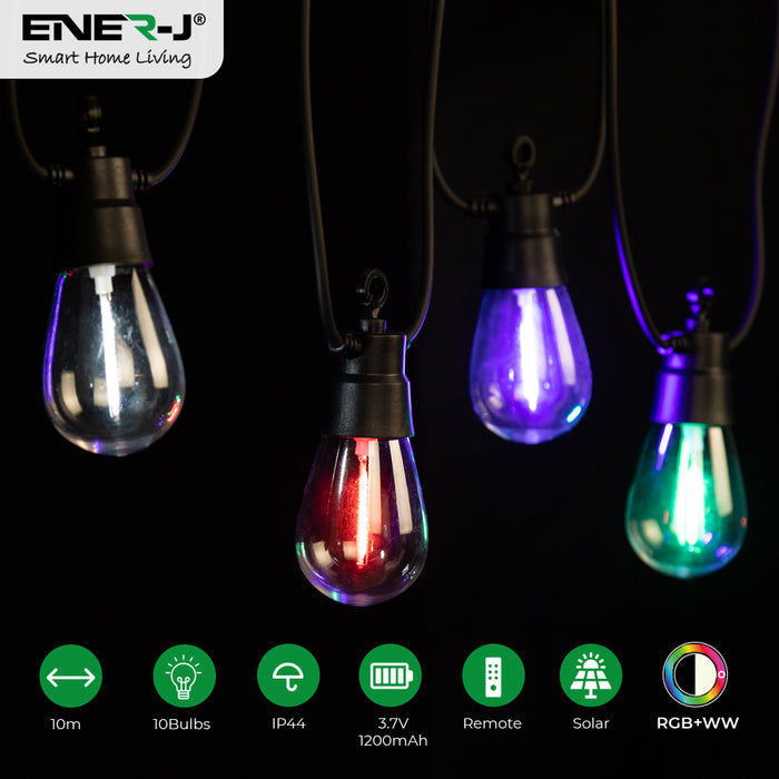 Solar RGB+WW (2 Way) String Lights with Remote - 10 Meters, 10 Lamps, IP44