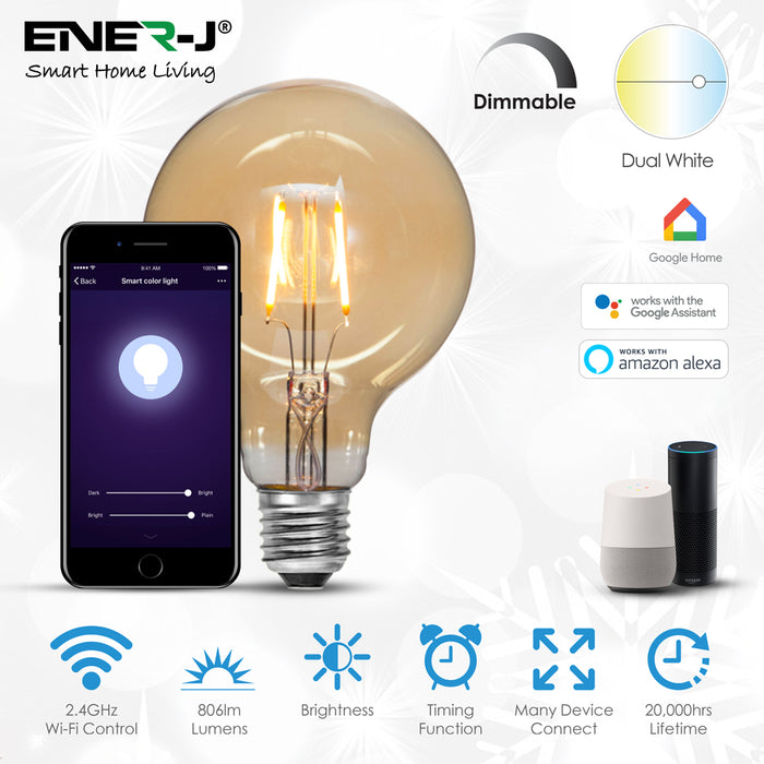 Pack of 3, Smart WiFi G95 Globe 8.5W E27 CCT Changing & Dimmable Filament Lamp