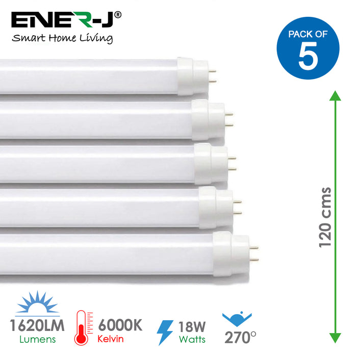 Ener-J T8 LED Nano Plastic Tube 120cm 18W – Cool White 6000K, Pack of 5