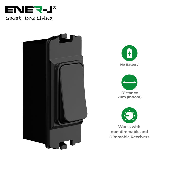 ENER-J 1 Gang Wireless Kinetic Grid Switch – MK Logic Style, Battery-Free RF Control, Black (PRO Series)