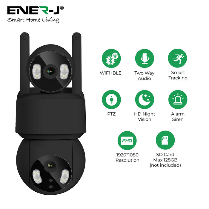 ENER-J Smart Wi-Fi Dual-Lens Outdoor Dome IP Camera – 1080P, Wide-Angle Surveillance, Black, IP65