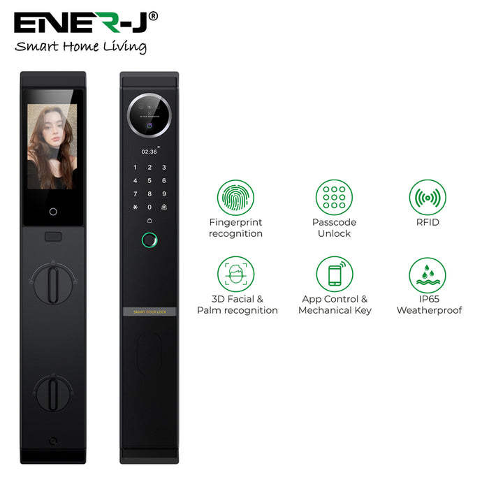 ENER-J All-in-One Smart Door Lock with 3D Facial & Palm Recognition, Fingerprint, Passcode, RFID, App Control & Mechanical Key | Black | IP65 Weatherproof | Aluminium Alloy Mortise (60×68mm)