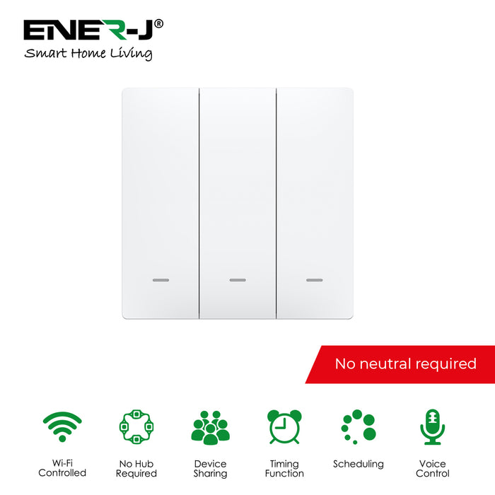 Ener-J 3 Gang Smart Push Button Light Switch White 600W per Gang