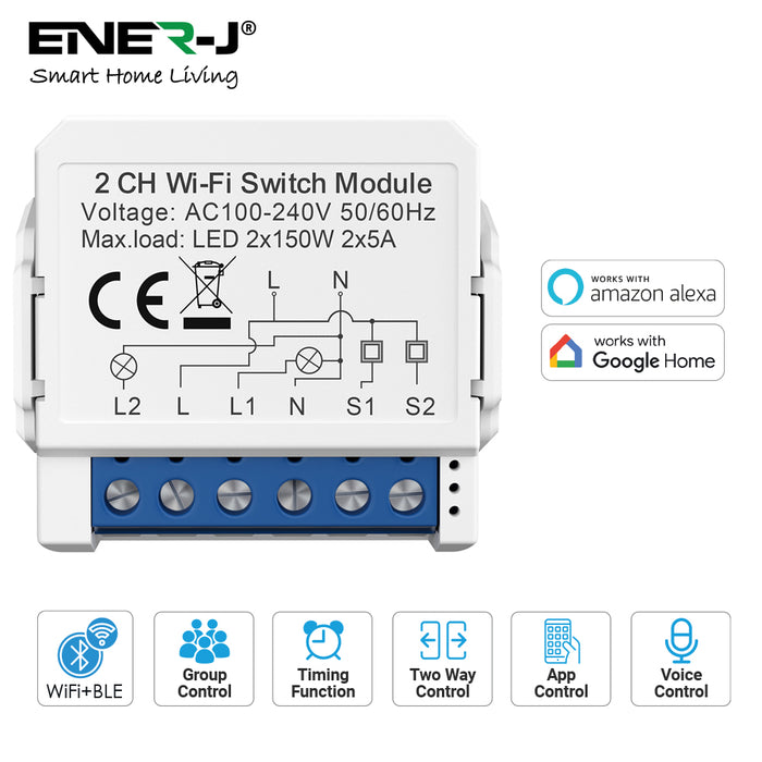 Ener-J Smart Home WiFi and BLE 2 Gang Light Switch Module Dual Output 300W White 240V