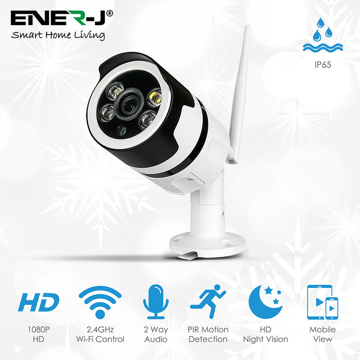 Ener-J 1080P Smart Wi-Fi Outdoor Bullet IP Camera – 25m Night Vision, Motion Detection, Two-Way Audio, IP66
