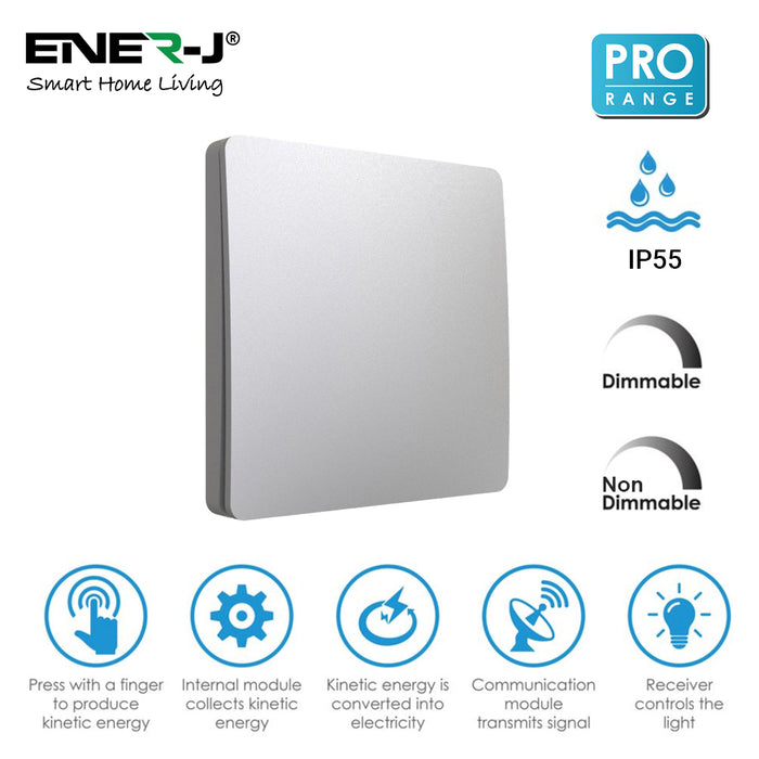 Ener-J Pro Series 1 Gang Wireless Kinetic Dimmable Light Switch Silver