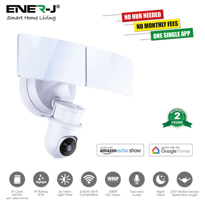 ENER-J Smart WiFi Floodlight Security Camera 1080P – Motion-Activated LED Floodlights, Siren, Two-Way Audio, Colour Night Vision, 125° Wide-Angle – Outdoor Hardwired CCTV System White