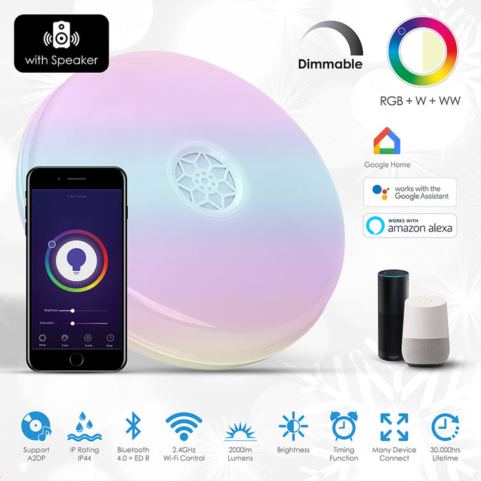 Smart WiFi 24W LED Ceiling/Wall Bulkhead Light with Bluetooth Speaker – RGB + CCT (2700K–6500K), Dimmable, App & Voice Control