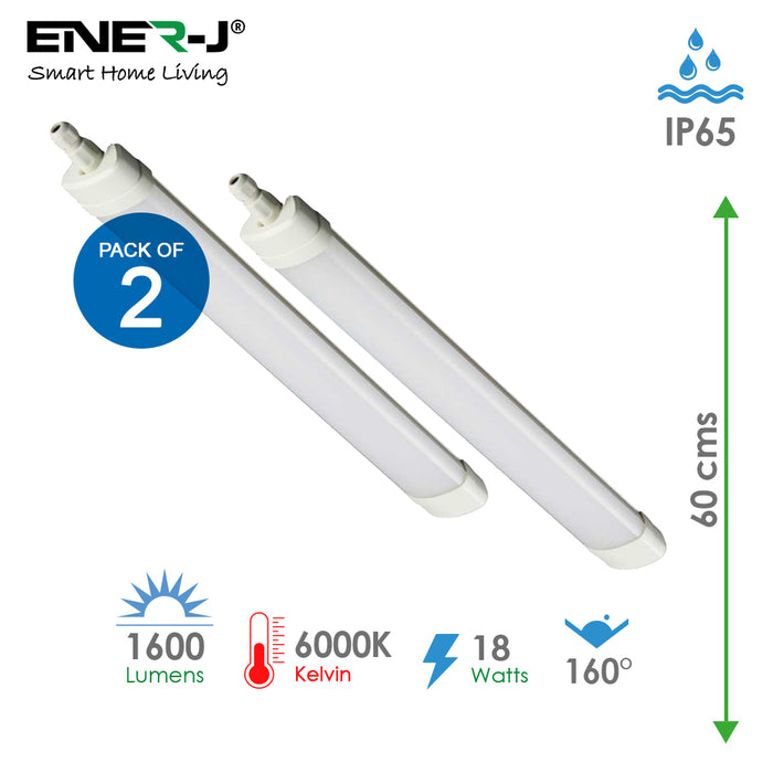 Pack of 2 units, 18W LED Triproof Batten Tube Lights - Super Bright 6000K Illumination