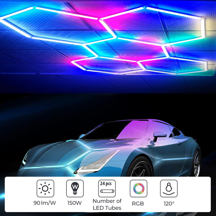 150W Hexagon Shape Showroom LED Lights with 5 Hexagons, RGB Colour, Remote Control - Pack of 24 Tubes