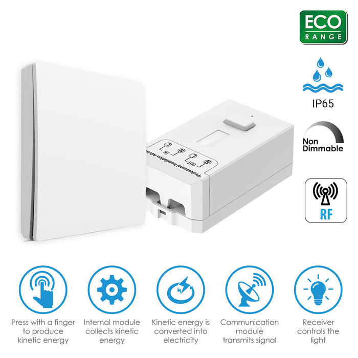 Ener-J 1 Gang Wireless Kinetic Switch Kit White 500W RF Receiver Bundle