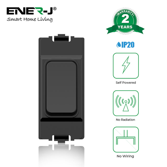 ENER-J 1 Gang Wireless Kinetic Grid Switch – MK Logic Style, Battery-Free IP65 RF Control, Black (ECO Series)