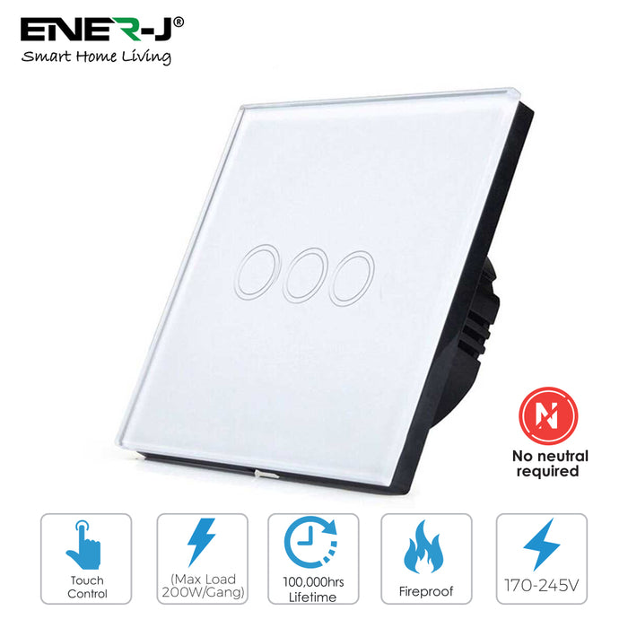 Ener-J Wi-Fi Smart 3 Gang Touch Switch No Neutral Required White 1800W