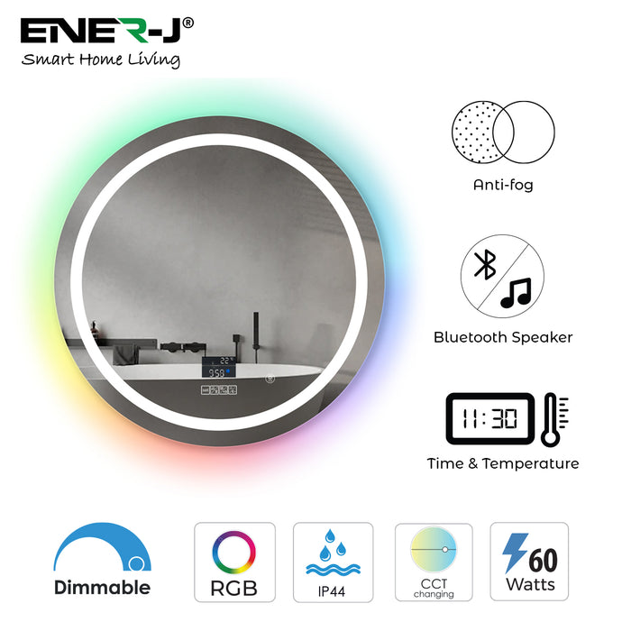ENER-J 70cm Round LED Bathroom Mirror with CCT & RGB Border, Bluetooth Speaker, Anti-Fog, Touch Control, IP44