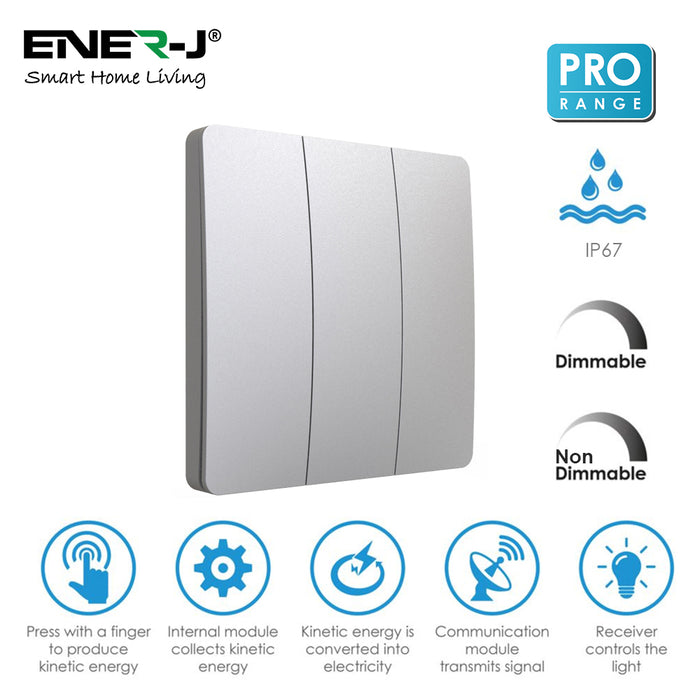 Ener-J 3 Gang Wireless Kinetic Light Switch Dimmable Silver IP56