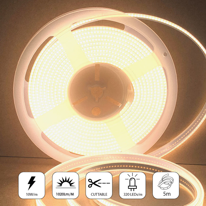 24V COB LED Strip Lights with 480 LEDs/M, 12W/M, 1000lm/M, CRI 90-92, 4000K, IP65