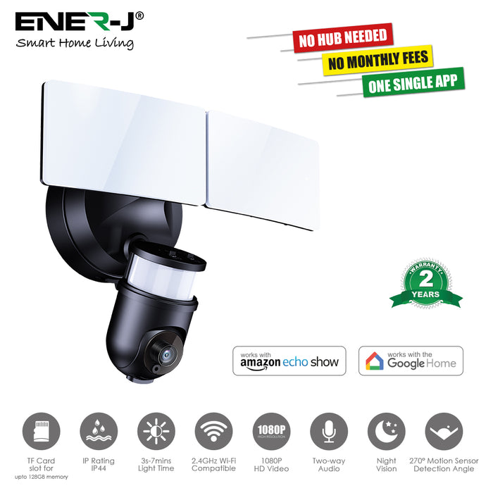 ENER-J Smart WiFi Floodlight Security Camera 1080P – Motion-Activated LED Floodlights, Siren, Two-Way Audio, Colour Night Vision, 125° Wide-Angle – Outdoor Hardwired CCTV System Black