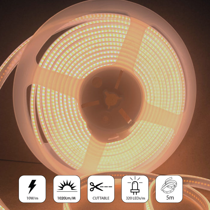 5 meters COB LED Strip Light 24V, 3000K, IP65 rate24V COB LED Strip Lights with 320 LEDs/M, 12W/M, 960lm/M, CRI 90-92, 3000K, IP65d