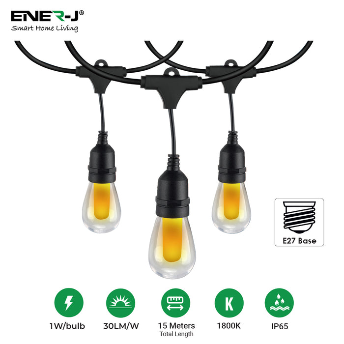 ENER-J 15m Fire Flame LED String Light Kit – Flickering Flame Effect Bulbs, IP65 Outdoor & Indoor Decorative Lighting, UK Plug
