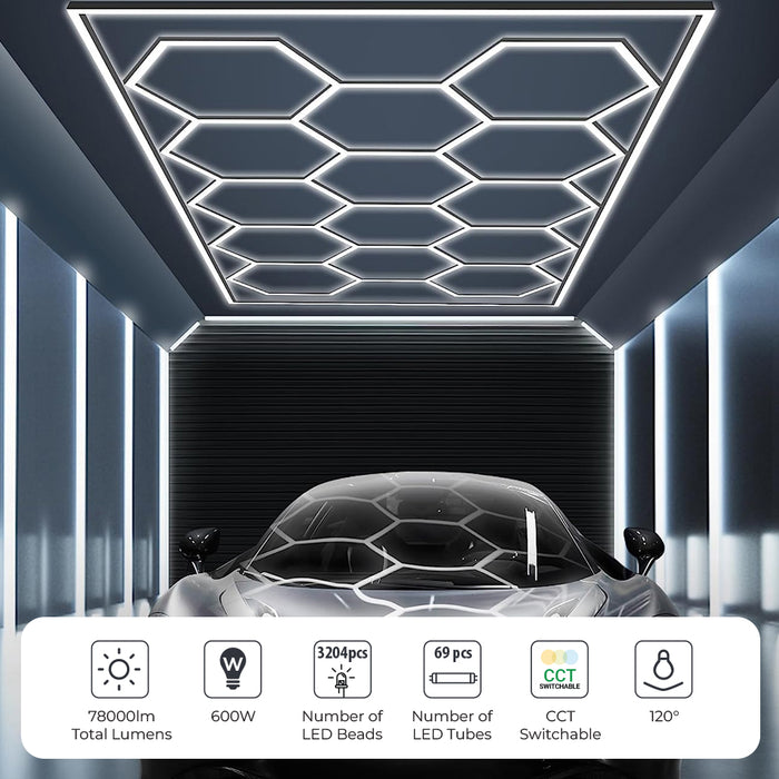 Ener-J LED Hexagon Showroom Lighting Kit 14 Hexagons with Frame CCT Switchable 600W