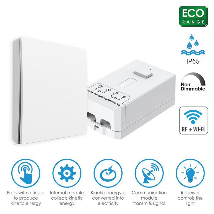 Ener-J WS1062X 1 Gang Wireless Kinetic Switch Kit White No Battery with 500W RF WiFi Receiver Module