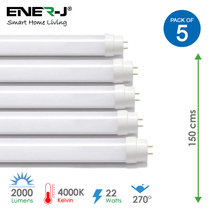 Pack of 5 units, T8 LED Nano Plastic Tube 150cms 22W 4000K