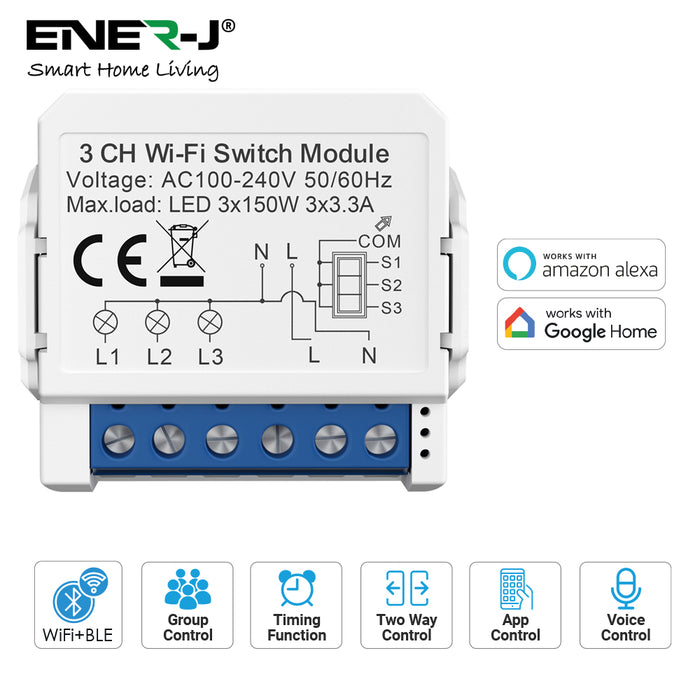 Ener-J Smart Home WiFi and BLE 3 Gang Light Switch Module Triple Output 450W White 240V