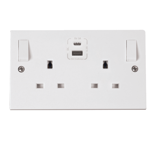 Click Scolmore PRW786 Polar 13A 2 Gang Switched Socket + Tp A&C USBs